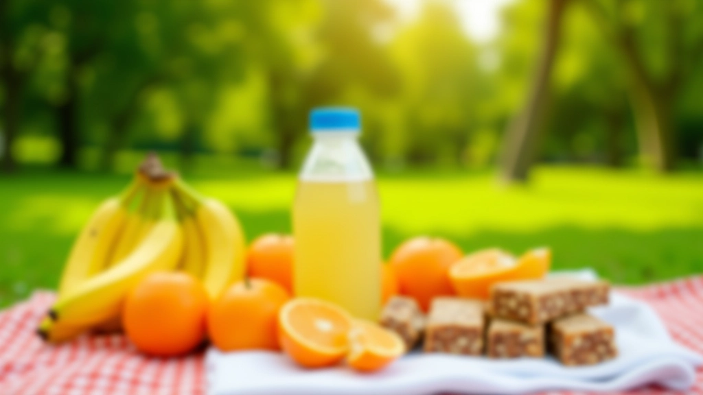 Šviežia apelsino ir bananai pakuotus daržo šalia vandens butelio ir energijos batonėlio, gamtinis fonas, ryšku šviesa, aštrūs detalės